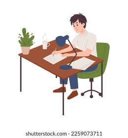 Man copywriter working on text flat style, vector illustration isolated on white background. Creativity, making content on paper, smiling character, design element