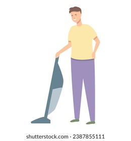 Man with cordless vacuum cleaner icon cartoon vector. Cleaning indoor equipment. Household floor cleaning.