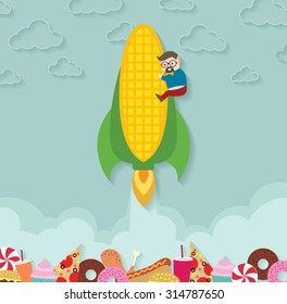 Man with corn rocket vector cartoon.