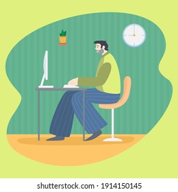 A man with correct posture is sitting at the workplace. The freelancer sits in the correct position and works at the computer. Healthy back, joyful person. Colored vector illustration.
