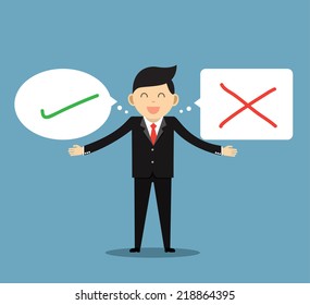 man with correct and wrong symbols. illustration of human character 