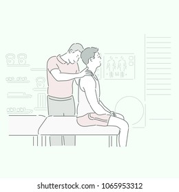A man is correcting his right posture at the rehabilitation center. hand drawn style vector doodle design illustrations.