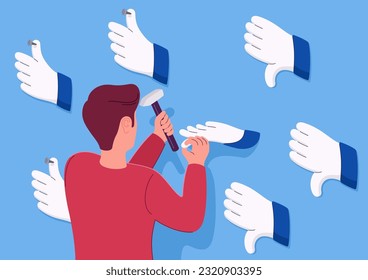 Man corrects dislikes to likes. Person with a addiction to a positive feedback on the Internet. Social media concept. Vector illustration