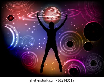Man and cosme. The concept of power over fate. Silhouette of a girl falling into outer space. Tags, statuses in social networks. Vector illustration for your design.