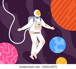 Man in cosmic spacesuite. Colorful astronaut discovery space planet star, spaced helmet of spacewalker for spaceflight interstellar mission vector illustration. Spacesuit cosmonaut in universe