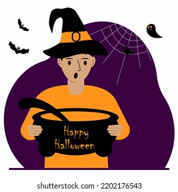 A man in a costume for the celebration of halloween. Poster for Happy Halloween celebration.