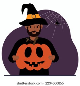 A man in a costume for the celebration of halloween. Poster for Happy Halloween celebration. Vector flat illustration