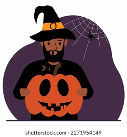 A man in a costume for the celebration of halloween. Poster for Happy Halloween celebration. Vector flat illustration