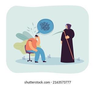 Man in costume of death standing next to confused person. Male character with paranoia or fear of death flat vector illustration. Death, time, life concept for banner, website design or landing page