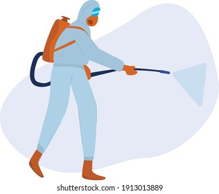Man in costume doing disinfection. Flat design illustration. Vector