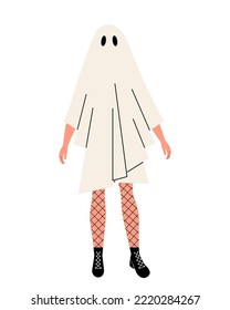 Man in the costume of a ghost for Halloween party. Girl in a white sheet and fishnet tights. Stylish holiday look. Flat vector illustration isolated on white background.