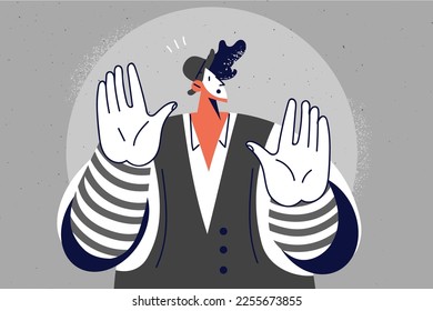 Man in costume and painted face mask working as mime. Male showing pantomime. Hobby and entertainment. Circus performer. Vector illustration. 