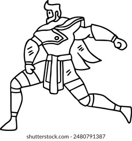 A man in a costume is running. He is wearing a robe and a cape. He is the main character of the drawing