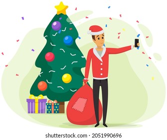 Man in costume of Santa Claus taking selfie using smartphone. Male character is posing for self portrait near Christmas tree. Guy with gift bag is photographed on phone camera vector illustration