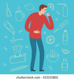 Man with a cough. Cold and flu symptom. Including doodle treatment elements on background, such as pills, syrups, food. Hand drawn health-care illustration for your design.