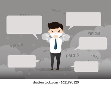 Man cough with dirty lung because PM2.5 air poll. Man wearing air pollution mask for protect dust PM2.5. smoke, smog, respiratory, environment, health, breath. Cartoon, Vector, illustration
