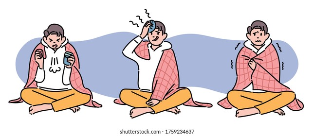 A Man With Cough, Fever, And Chills Is Sitting On A Blanket. Hand Drawn Style Vector Design Illustrations. 