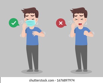 Man cough wearing mask and without mask. color speech bubble like do and don't. Healthy way to safe from virus infections. Health care concept.