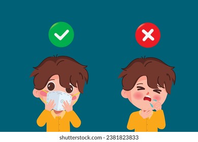 man cough wearing mask and without mask. color bubble like do and don't. Healthy way to safe from dust pm2.5 with mask n95. Health care concept.
