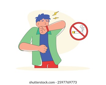 Man coughing from cigarette exposure, stop smoking symbol. Design character. Vector flat illustration