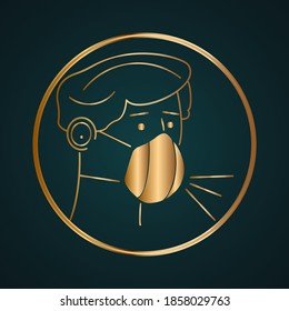 Man Coughing with face mask vector. Gold metal with dark background