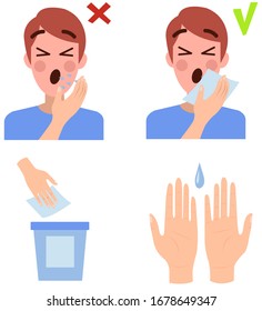 Man coughing. Instructions to protect against virus spread.