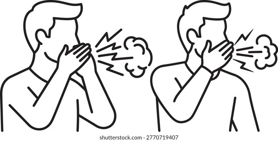 Man coughing into hand, illness spread, germs, medical symbol.