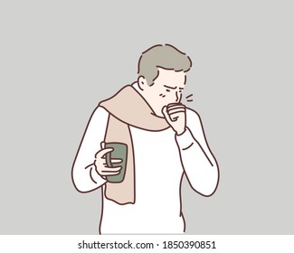 Man coughing a lot. Hand drawn style vector design illustrations.