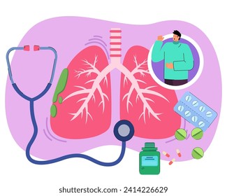 Man coughing near huge lungs vector illustration. Stethoscope, pills in blister and medicine in bottle. Long cough, whooping cough, respiratory deseases concept
