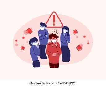 Man coughing and people avoiding him. Corona virus illustration.