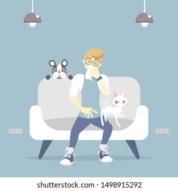 man coughing, sneezing, having allergic to pet with cat and dog, fur and wool allergy concept, flat vector illustration character design clip art