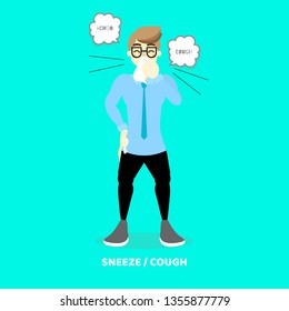 man coughing sneezing, health care, pollen allergy, air pollution disease symptoms concept, background,flat vector illustration cartoon character design
