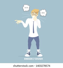 man coughing sneezing, health care, pollen allergy, air pollution disease symptoms concept, background,flat vector illustration cartoon character design