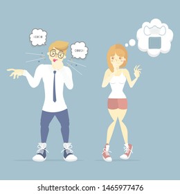 man coughing sneezing with woman thinking about medical protective mask, tuberculosis, plague, pestilence, health care, germ concept, flat vector illustration cartoon character design