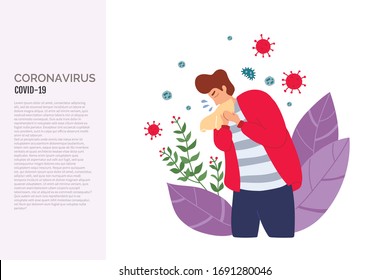 Man coughing in tissue. Boy without face mask. Virus germs spread in the air. Person during respiratory disease. Vector illustration in a flat style