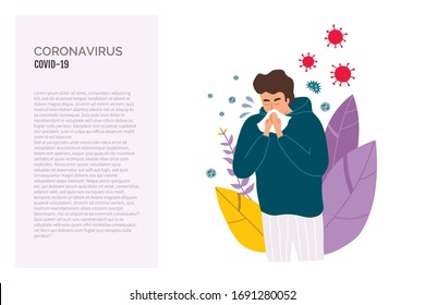 Man coughing in tissue. Boy without face mask. Virus germs spread in the air. Person during respiratory disease. Vector illustration in a flat style