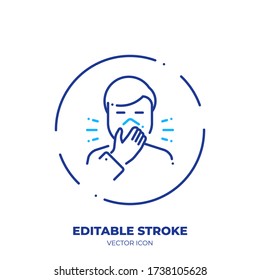 Man coughing in tissue line art vector icon with editable stroke. Outline symbol of allergy. Virus protection pictogram made of thin stroke. Isolated on background.