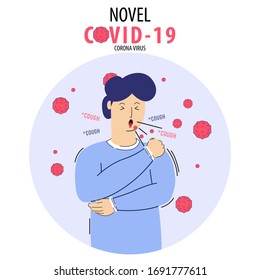 A man coughing with virus icon around him and novel covid 19 text above isolated on white background