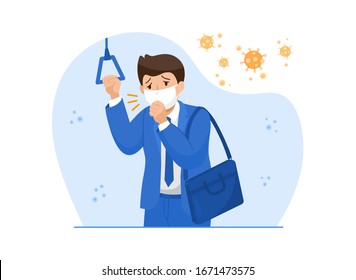 Man coughing while wearing medical mask to prevent the spread of the virus.