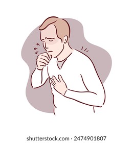 The man coughs. Disease, covid. unhealthy Sickness, asian young man unwell and coughing, have cold, sore throat suffering with symptom cough feeling bad. Hand drawn vector illustrations sketch style.