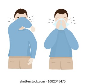 Man coughs at the elbow and napkin. Coronavirus disease prevention measures. How to sneeze and cough so as not to infect others. Vector illustration.