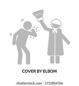 Man coughs at the elbow. The old woman picked up her bag. Cover yourself with your elbow. Think about the people around you and take care of the health of older people. Joking poster. Vector.