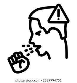 Man coughs with fist and warning sign line icon, covid-19 spread concept, Coronavirus pandemic symptoms sign on white background, be careful and prevent transmission icon, outline style
