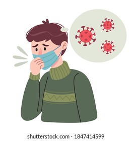 The man coughs. The man in a mask thinks that he has a coronavirus.Concept of stop spread of the virus.Healthcare.