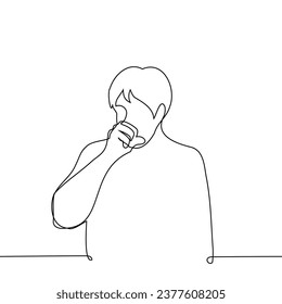  man coughs or sneezes into his fist - one line art vector. concept cough, sneeze, cover mouth