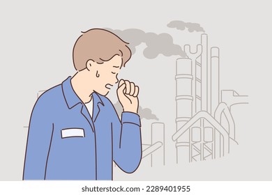 Man coughs standing near industrial plant with toxic smoke coming out of chimneys of chemical plant. Factory employee experiencing health problems due to toxic emissions of environmental pollutants 