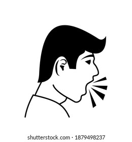 A man coughs without covering his mouth with his hand. Symptoms of coronavirus covid-19 disease. Black line vector flat icon. Cartoon style. The disease is pneumonia or bronchitis or asthma.