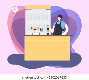 Man at counter selling fresh beer in shop. Seller working in supermarket flat vector illustration. Alcohol, shopping concept for banner or landing page