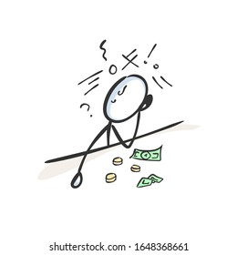 Man counting money. Poor jobless man in confusion. No money. Dept and struggle. Bankrupt Hand drawn. Stickman cartoon. Doodle sketch, Vector graphic illustration