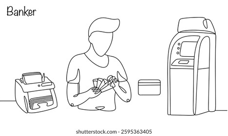 Man counting money. There is an ATM and a banknote counter next to him. A specialist working in the financial sector. Simple vector illustration on a white background. Banker. 